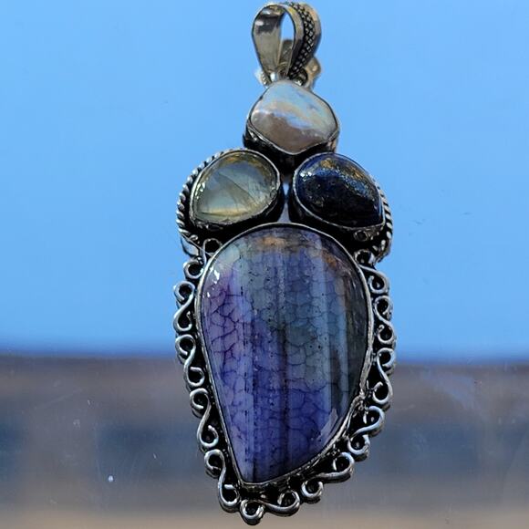 Sterling Silver Pendant Agate, Lapis Lazuli, Moonstone, & Pearl w/20-Inch Chain - Picture 2 of 10